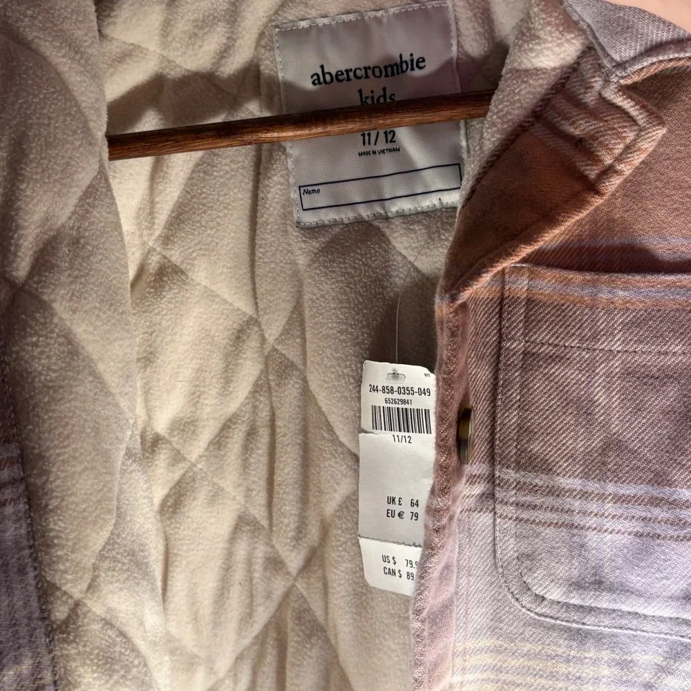 Abercrombie Plaid Flannel Shirt Jacket Kids 11/12 Tan Purple New Quilted Shacket